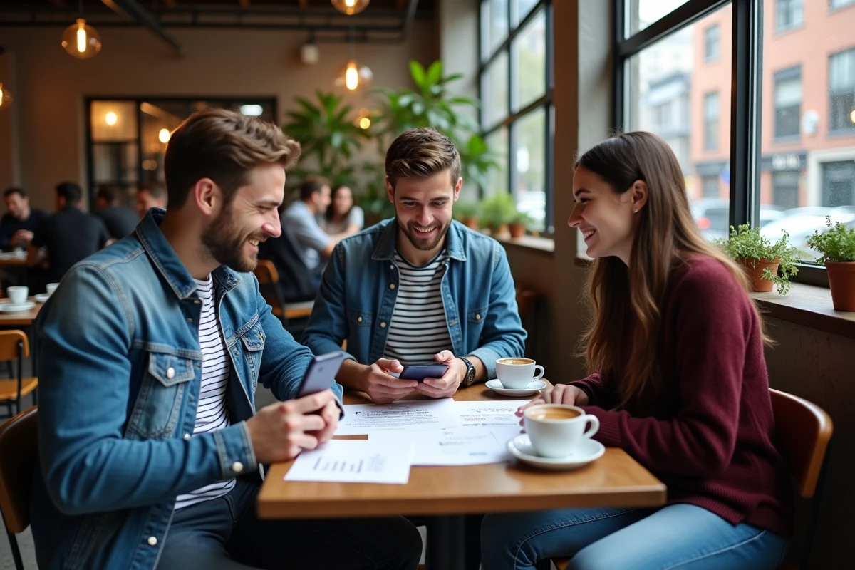 Groupe d'amis comparant des options d'escape room et exit dans un café urbain