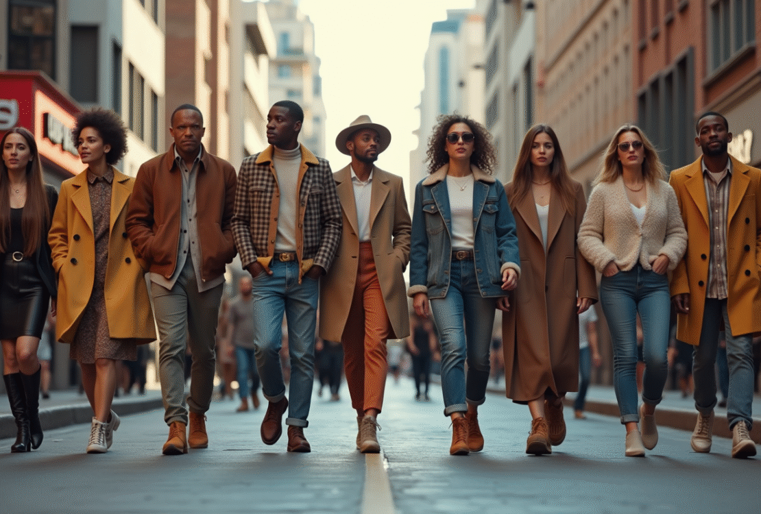 Groupe de personnes à la mode dans une rue urbaine dynamique