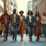 Groupe de personnes à la mode dans une rue urbaine dynamique