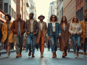 Groupe de personnes à la mode dans une rue urbaine dynamique