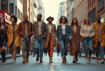 Groupe de personnes à la mode dans une rue urbaine dynamique