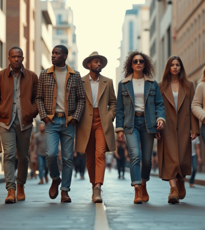 Groupe de personnes à la mode dans une rue urbaine dynamique