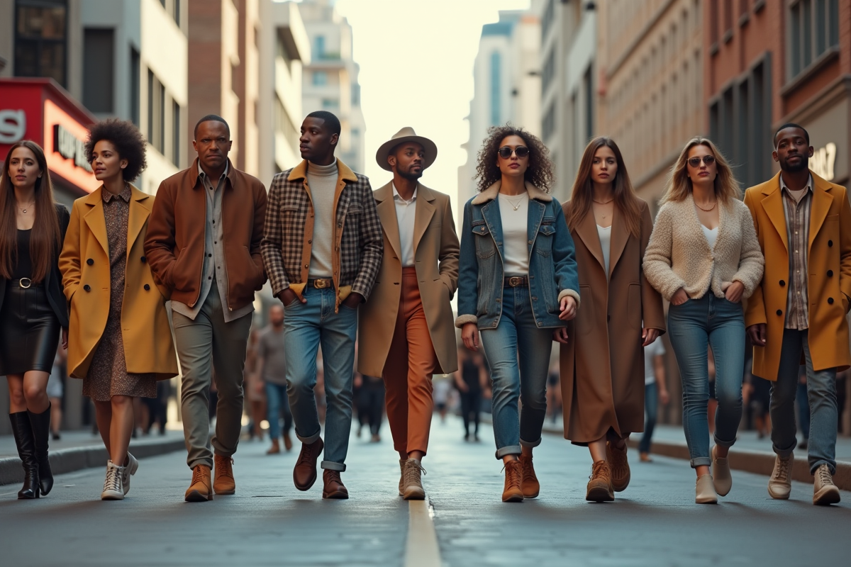 Groupe de personnes à la mode dans une rue urbaine dynamique
