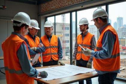 Groupe d'ouvriers en discussion avec plans et tablettes
