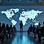 Groupe de professionnels analysant une carte digitale mondiale