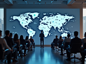Groupe de professionnels analysant une carte digitale mondiale
