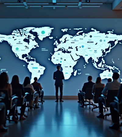 Groupe de professionnels analysant une carte digitale mondiale