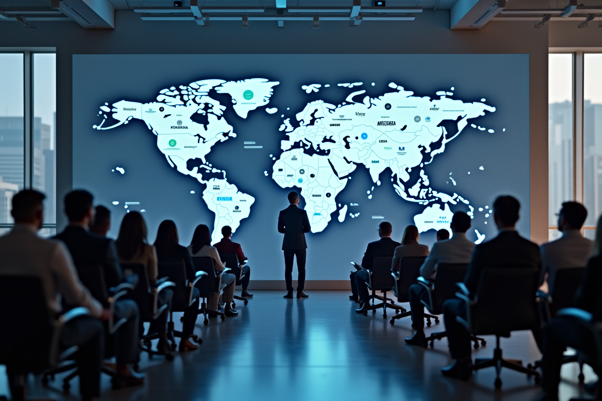 Groupe de professionnels analysant une carte digitale mondiale
