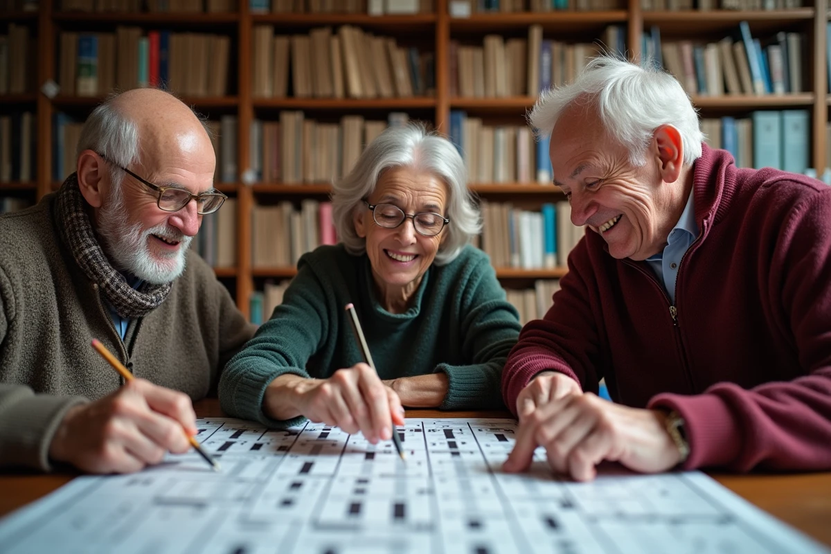 Groupe de seniors résolvant un puzzle de chants religieux