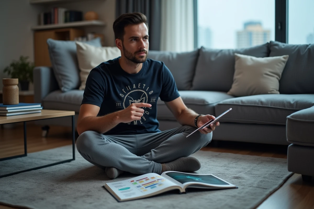 Homme étudiant un guide stratégique Pokémon avec un tableau des types sur tablette dans un appartement moderne