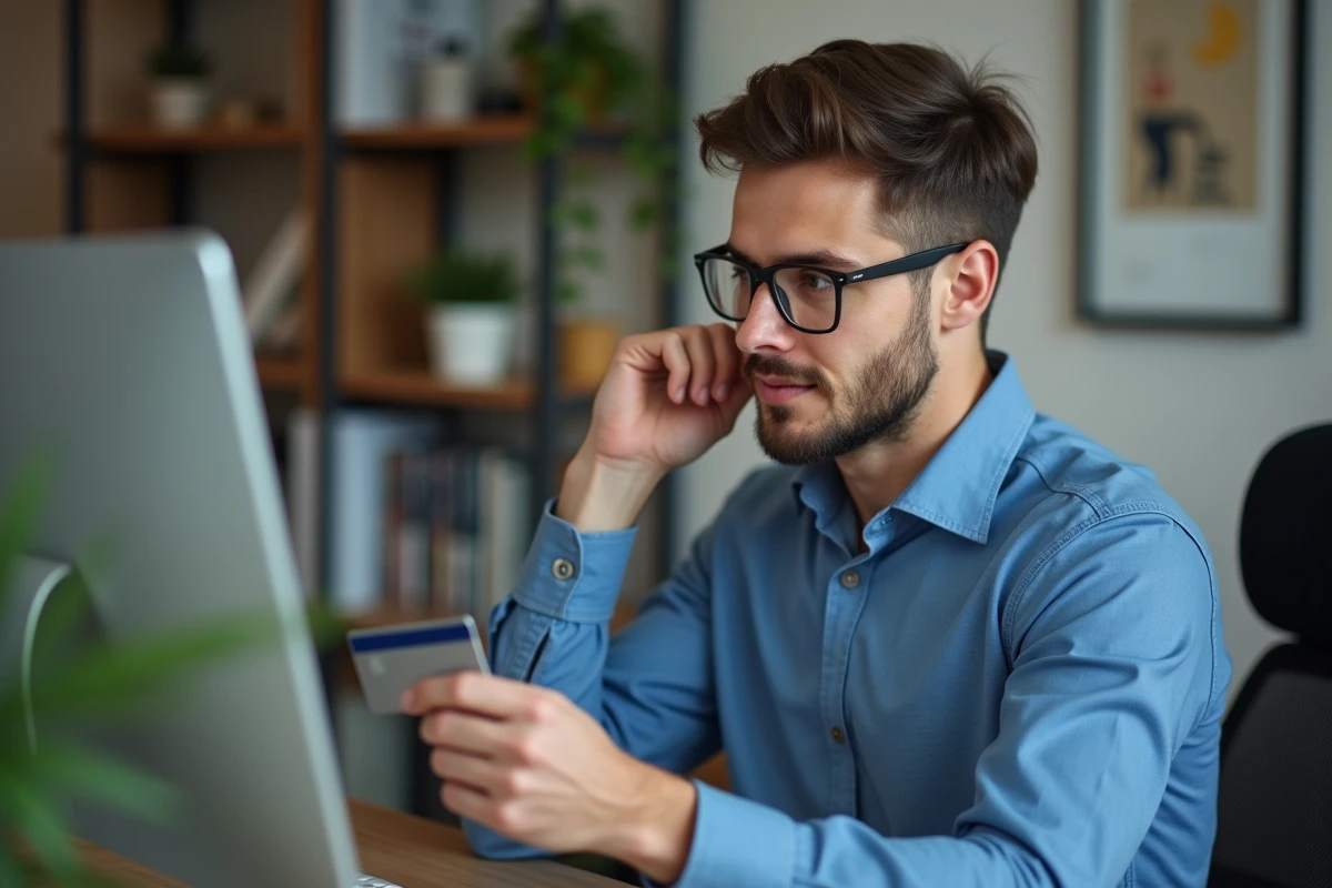 Jeune homme achetant en ligne avec sa carte bancaire