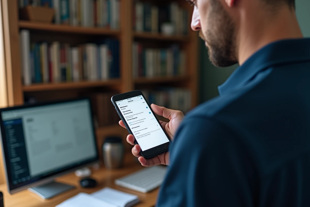 Homme annulant son abonnement Amazon Prime sur smartphone dans un bureau à domicile