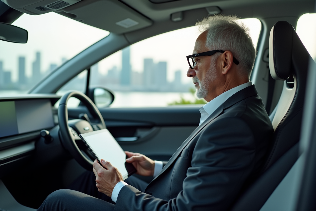 Homme âgé dans voiture autonome lisant une tablette