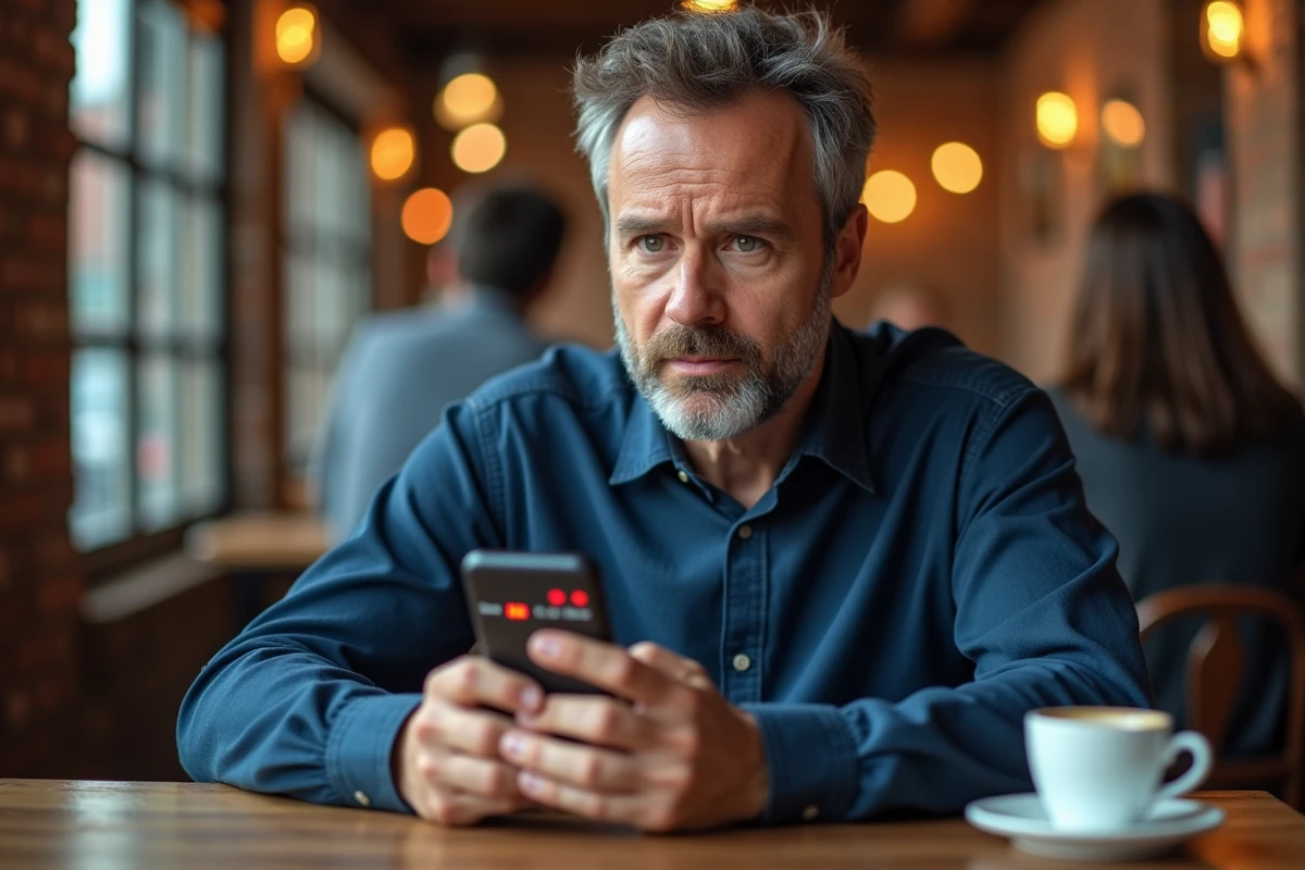 Homme consultant des avis clients négatifs sur un site commercial via smartphone