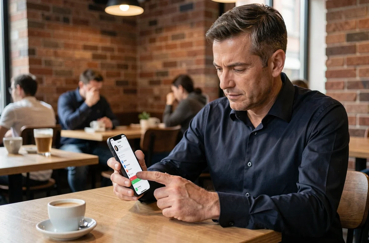 Homme en chemise bloquant un numéro de téléphone indésirable sur son iPhone dans un café