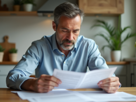 Homme d'âge moyen examinant des documents de prêt immobilier