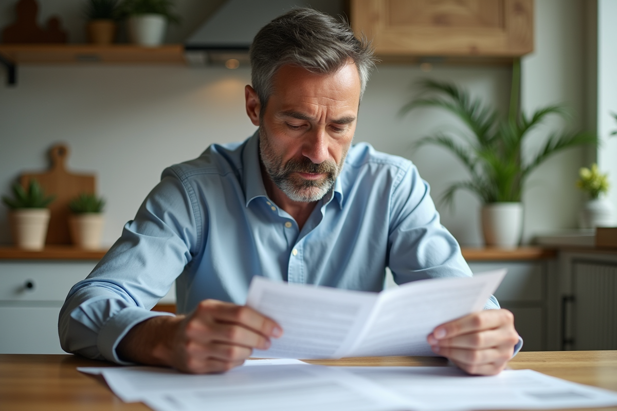 Homme d'âge moyen examinant des documents de prêt immobilier
