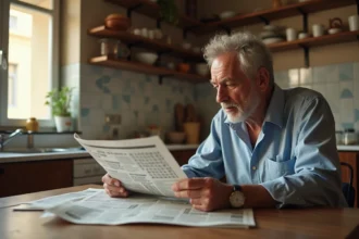 Homme d'âge moyen résolvant une grille de mots croisés dans une cuisine italienne