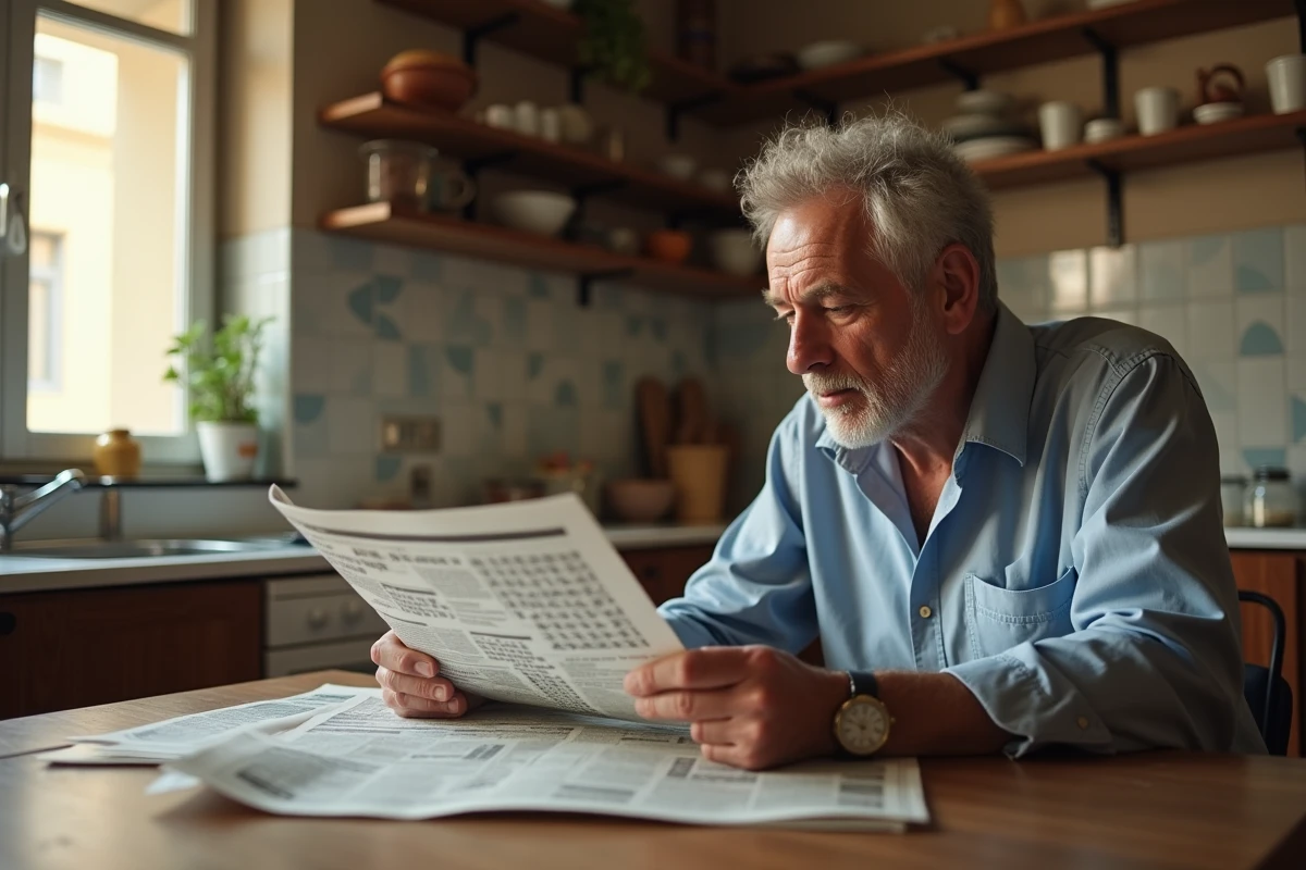 Homme d'âge moyen résolvant une grille de mots croisés dans une cuisine italienne