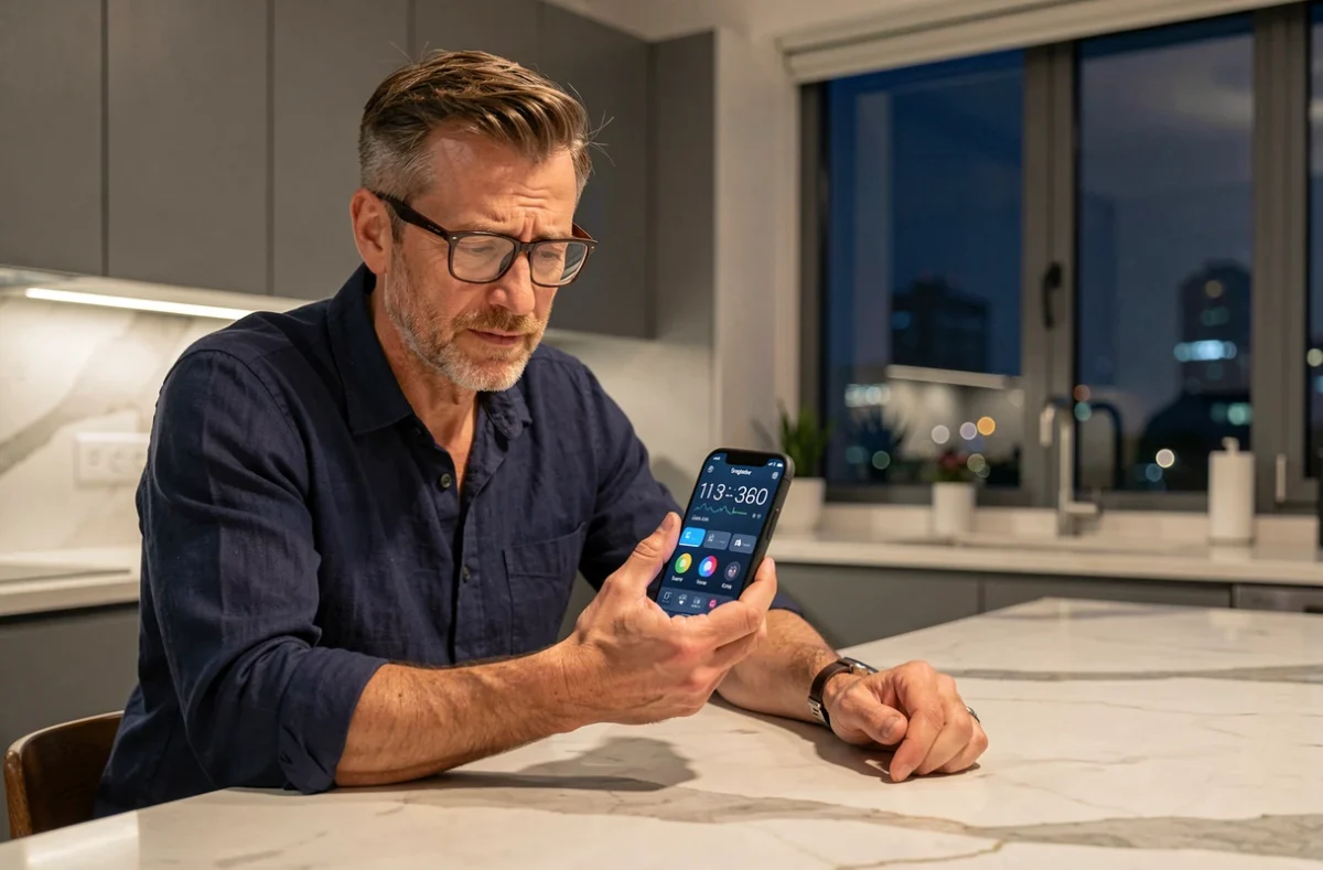 Homme à la cuisine le soir regardant l'heure de Singapour sur une application d'horloge mondiale sur son smartphone