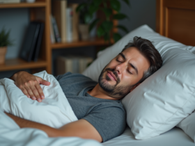 Homme d'âge moyen endormi paisiblement dans sa chambre