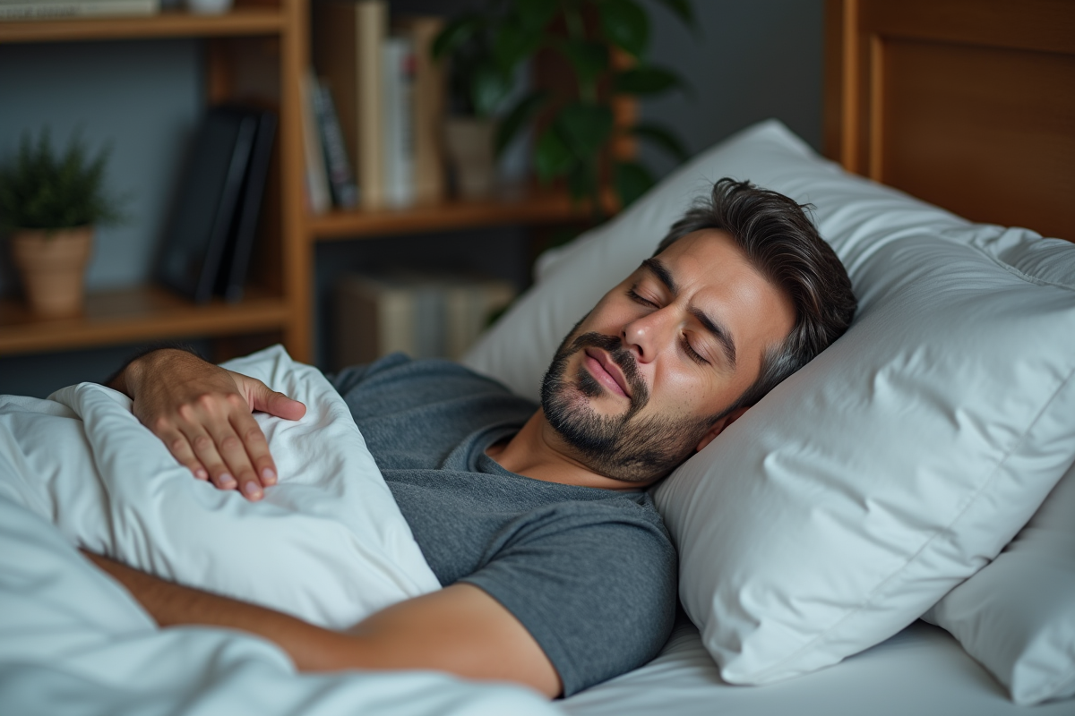 Homme d'âge moyen endormi paisiblement dans sa chambre