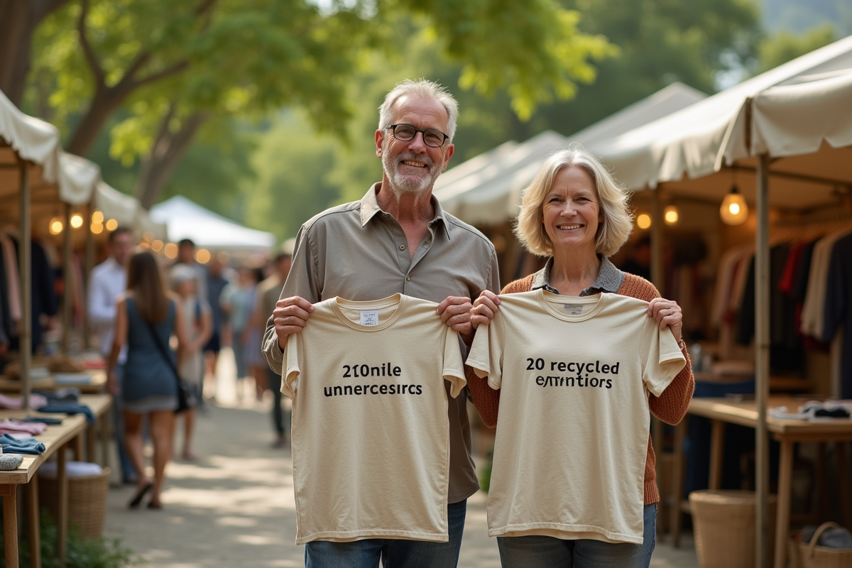Homme et femme montrant des vêtements en fibres recyclées au marché