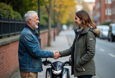Homme et femme devant une Honda Dax en ville