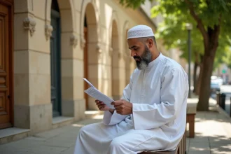 Homme consultant l'horaire de prière devant une mosquée à Mantes-la-Jolie