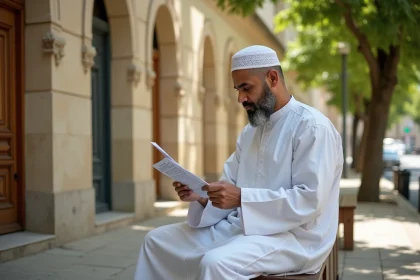 Homme consultant l'horaire de prière devant une mosquée à Mantes-la-Jolie