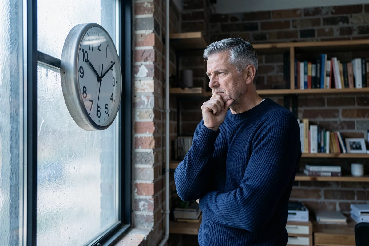Homme contemplatif devant une horloge murale affichant 11h22 dans un bureau minimaliste, symbolisant la quête de sens et les heures miroirs
