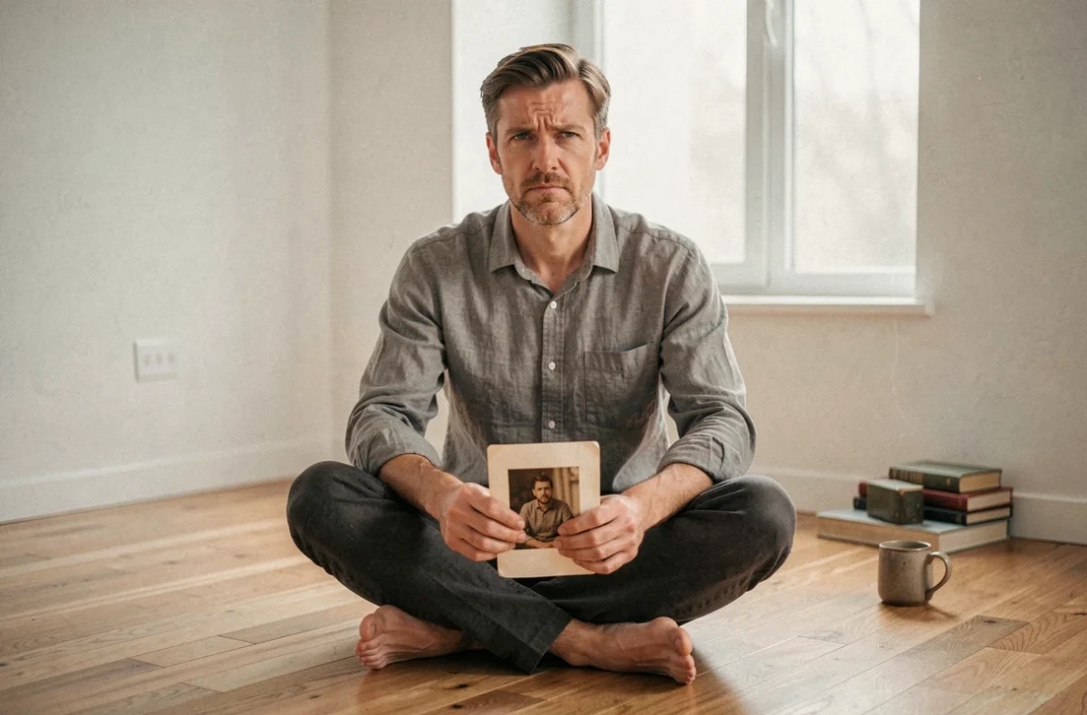 Homme assis sur un parquet tenant une vieille photographie, évoquant l'introspection sur les relations karmiques passées et les schémas amoureux récurrents