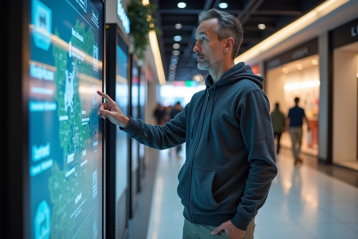 Homme utilisant un kiosque interactif pour trouver une salle d'escape game en ville