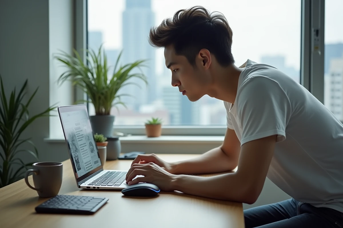 Homme lisant un manga en simultrad sur son ordinateur portable dans un bureau minimaliste