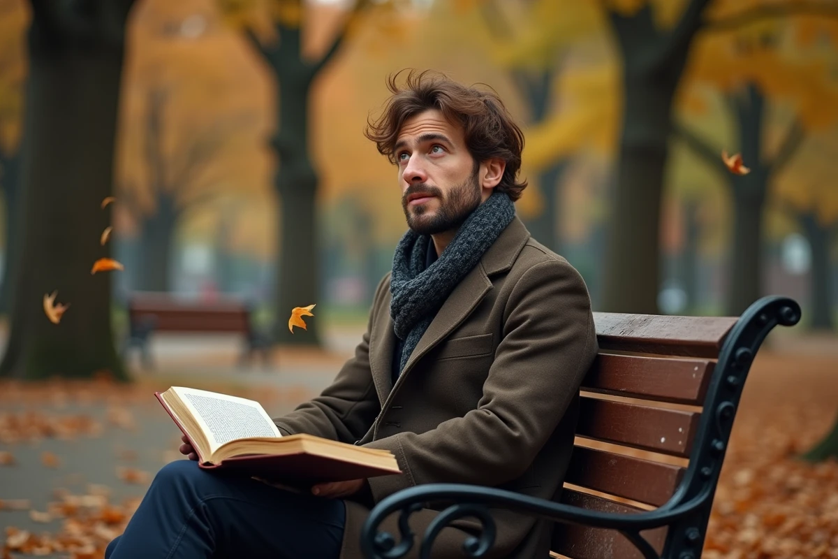 Homme lisant un livre dans un parc en automne