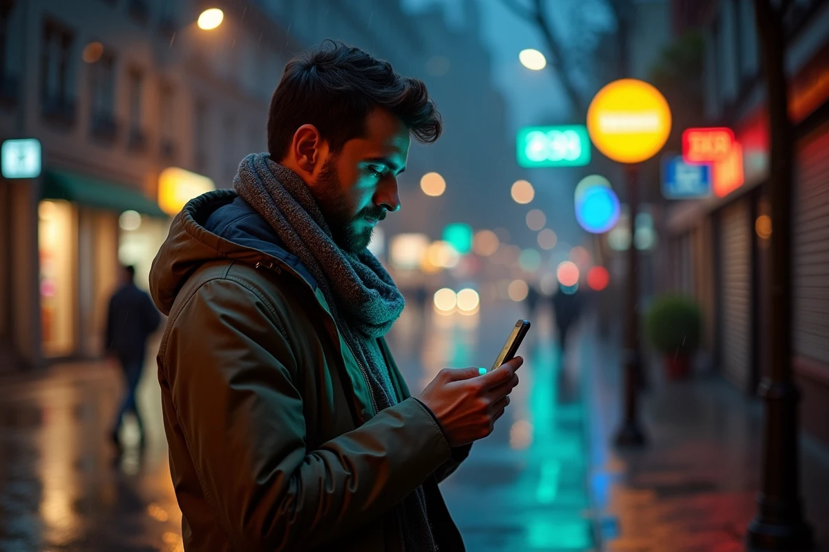 Jeune homme marche sous la pluie dans une rue urbaine nocturne