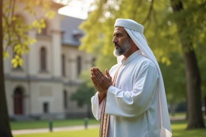 Musulman priant dans un parc à Compiègne en tenue traditionnelle