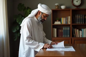 Musulman en thobe consulte un calendrier de prières