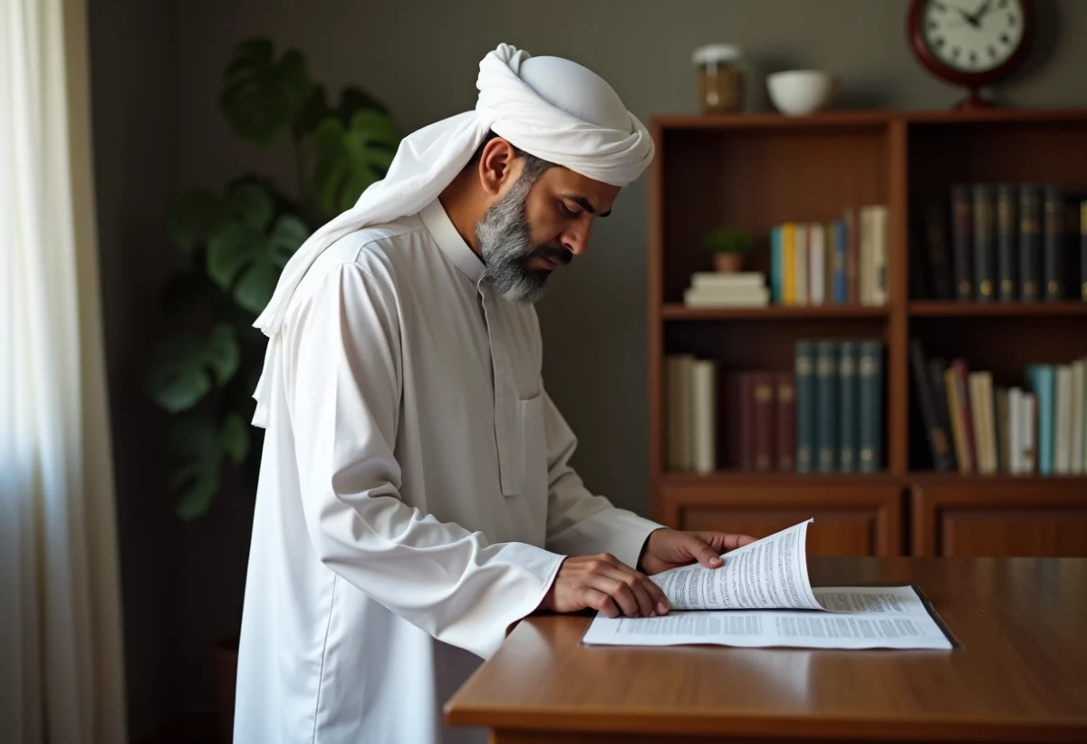 Musulman en thobe consulte un calendrier de prières