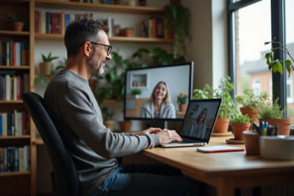 Homme d'âge moyen en vidéo chat à la maison