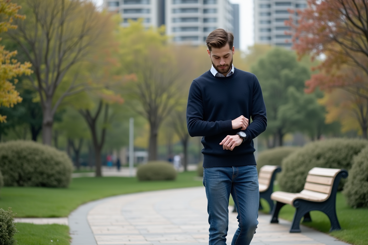 Jeune homme en pull bleu dans un parc urbain