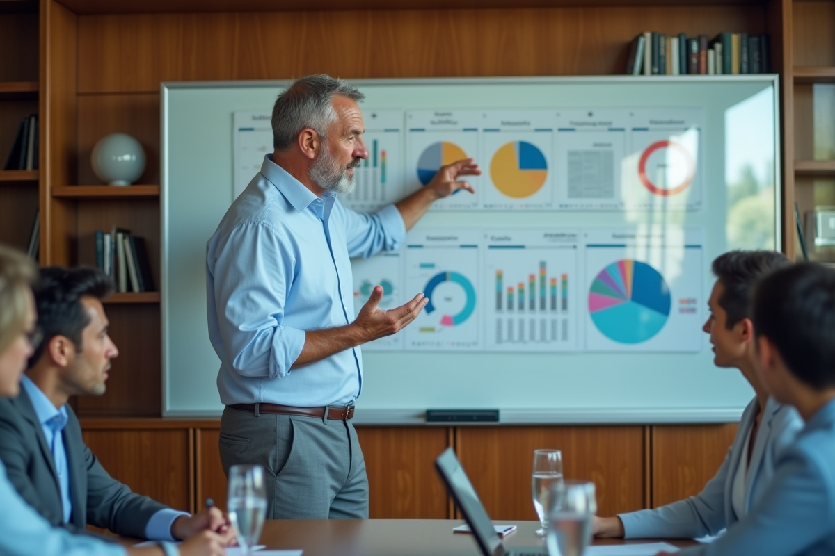 Homme expliquant des graphiques à une équipe