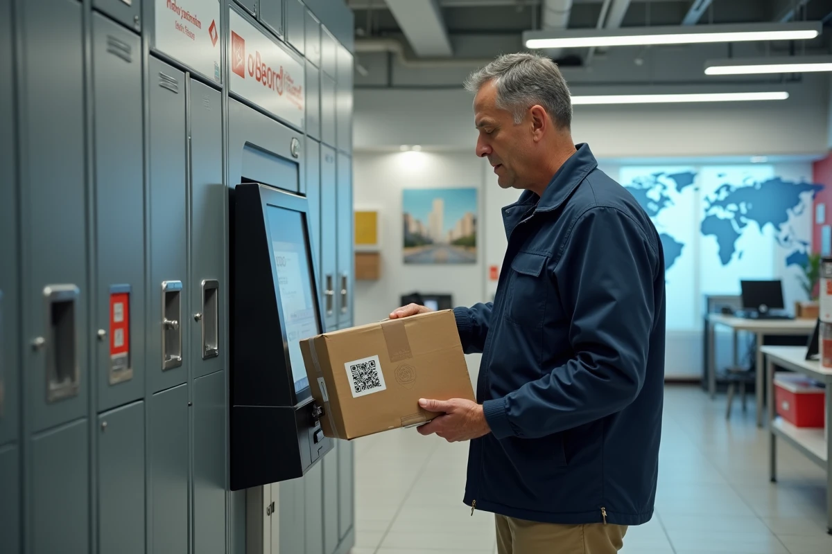 Homme scannant un QR code dans un point relais urbain