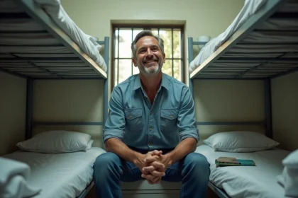 Homme d'âge moyen assis dans un dortoir modeste