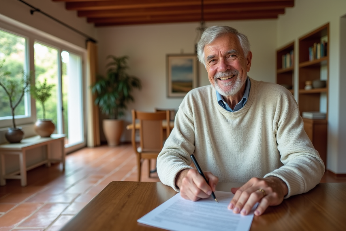 Homme âgé signant des documents immobiliers dans intérieur chaleureux