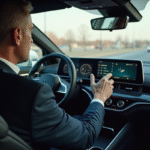 Homme d'affaires dans une voiture moderne utilisant l'écran tactile