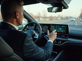 Homme d'affaires dans une voiture moderne utilisant l'écran tactile