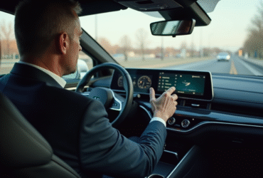 Homme d'affaires dans une voiture moderne utilisant l'écran tactile