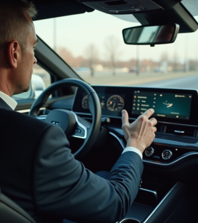 Homme d'affaires dans une voiture moderne utilisant l'écran tactile