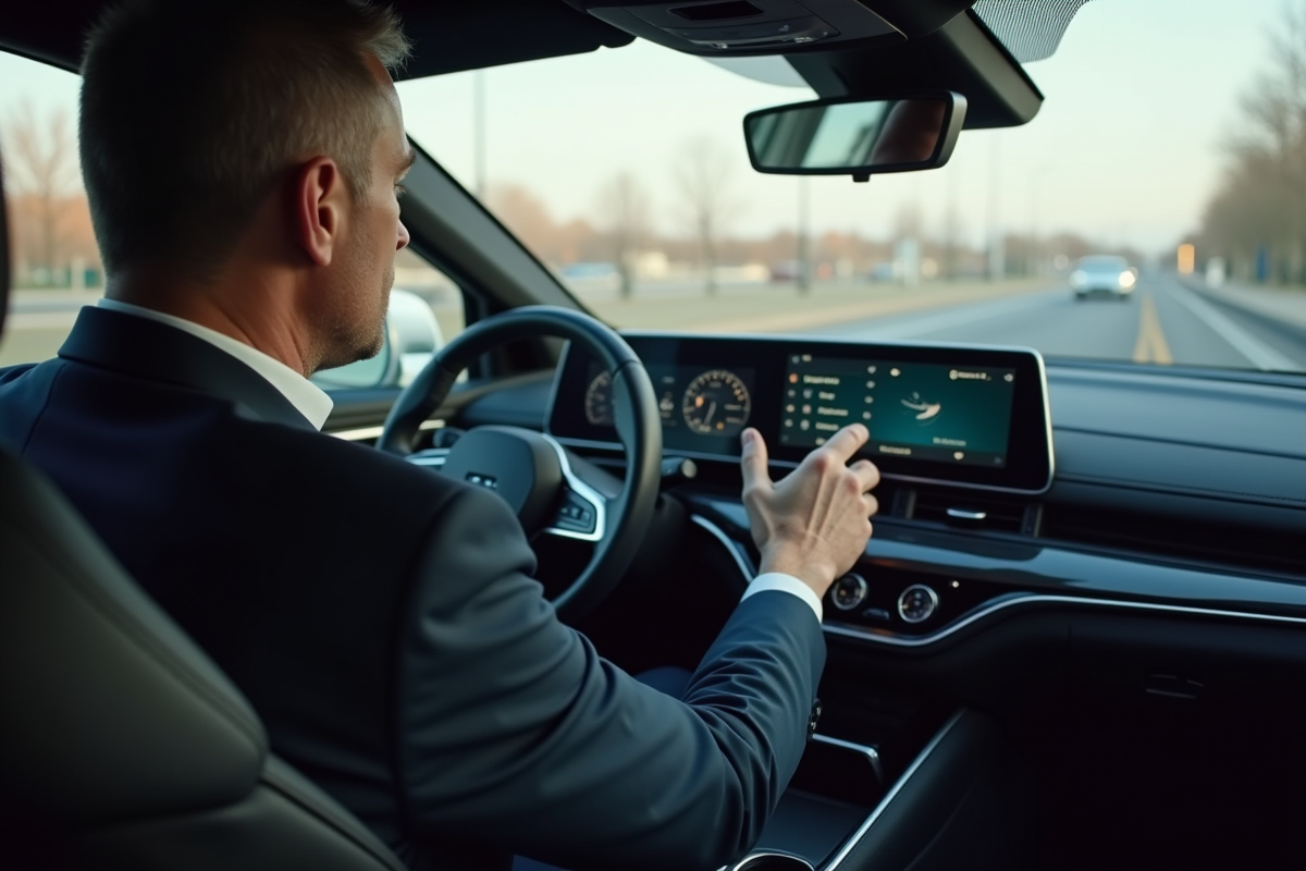 Homme d'affaires dans une voiture moderne utilisant l'écran tactile